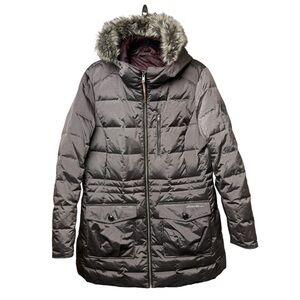 Eddie Bauer Metallic Purple Hooded Down Parka Coat Faux Fur Sherpa Lined SZ *L